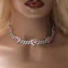 9mm Miami Cuban Chain With Pink Heart Gems Iced Out Cubic Zirconia Link Chain Necklace Charm Hiphop Jewelry