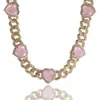 9mm Miami Cuban Chain With Pink Heart Gems Iced Out Cubic Zirconia Link Chain Necklace Charm Hiphop Jewelry