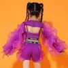 Stage Wear 2023 Filles Jazz Dance Costume Violet Fluffy Manches Costume Enfants Hip Hop Vêtements Concert Performance BL11388