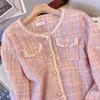 Kurtki damskie Pink kratę Tweed Coat Kurtka damska wieżowa wieżowa jesień elegancka elegancka długi rękaw z pojedynczym piersi ol zużycie płaszcza kobiety 230922