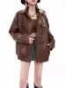 Veste d'automne en Faux cuir pour femme, manteau de moto marron Vintage en PU, coréen, ample, vêtements d'extérieur urbains, 230923