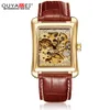 OUYAWEI Mechanical Watch Men brand Wristwatch Leather Strap Self Wind Gold Skeleton Watch For Case Rectangle Sport Montre Homme216r