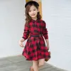 Flickans klänningar Girl Dress Fashion Plaid Shirt Dress for Girls Single-Breasted Kids Party Dress with Sashes Autumn England Clothes for Girls 230923