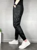 Men's Pants Mens Motor Biker Strethcy Pu Leather Elastic Waist Joggers Casual Long Trousers Winter Warm Fleece Lining Pencil 38