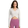 Costola verticale aperta ombelicale Yoga Ebb to Street Top LU-25 Moda sportiva sexy Manica lunga con reggiseno imbottito Camicia alta elastica Tuta da palestra