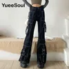 Pantalons pour femmes Capris gothique Emo Alt femmes pantalons Techwear Hippie Baggy pantalon maman Goth Punk noir Cargo pantalon Cyber Y2k pantalon académique vêtements sombres 230923