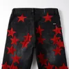 Mäns jeans smala monterade streetwear svart mode nödställda mager stretch broderade röda läderstjärnor lapptäcke rippade
