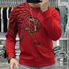 Herrtröjor högkvalitativa strass personlighet trend europeisk långärmad t-shirt fall lyx tiger diamantmönster rund hals