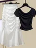 Robes de travail d'été deux pièces ensembles pour femmes plissées à manches courtes T-shirt moulante drapée jupe sirène tenues 2023 tissu de mode
