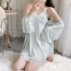 Women's Sleepwear Women Embroidery Applique Nightdress Kimono Suit Casual Female Velour Robe Gown Set Bathrobe Loungewear