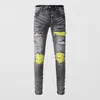 Jeans pour hommes High Street Mode Hommes Rétro Gris Stretch Skinny Fit Ripped Jaune Cuir Patché Designer Hip Hop Marque Pantalon