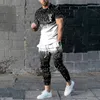 Herrspårar Herrbyxor TRACHSUT 2 -stycken Set 3D Tryckt Summer Jogger Sportwear Kort ärm T Shirtlong Pants Casual Street Clothes 230922