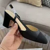 Femmes Slingbacks 100% Real Mules Designers Sandales EU34-43 Chèvre Grosgrain Cap Toe Pompe Talon Femmes Mocassins Toile Tweed Pompes En Cuir