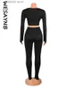 Zweiteilige Damen-Hosen WESAYNB Zwei 2-teilige Outfits für Frauen Sexy Langarm-Crop-Tops Schwarze Leggings-Hosen-Sets Lässige sportliche Jogginghose Trainingsanzug T230923