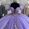 Lavanta ışıltılı tatlım quinceanera elbise kapalı omuz boncuk çiçek aplike dantel kristal vestidos de 15 anos balo elbisesi