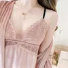 Women's Sleepwear Velour Twinset Robe Suit Women V-Neck Lace Nightgown 2PCS Sleep Set Kimono Bathrobe Gown Loungewear