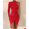 Grundläggande casual klänningar år röd festklänning glitter en skodare asymmetrisk ruched mini bodycon långärmad paljetter y korsett robescasual dh02s