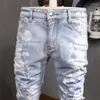 Men's Jeans Street Fashion Men Retro Light Blue Stretch Skinny Fit Painted Ripped Beading Patch Designer Hip Hop Brand Pants