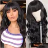 Synthetic Wigs Long Black Loose Wavy No Lace Fl Neat Bangs Heat Resistant Wig Hair Replacement Natural Looking For Women Daily Drop De Dhkmz