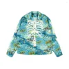 Men's Casual Shirts Men Harajuku Long Sleeve Shirt 2023 Autumn Hawaiian Skull Skeleton Print Man Oversied Hip Hop Sreetwear