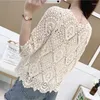 Damen-T-Shirts, Sommer, gestrickt, Spitze, Achselzucken, Boho, hohl, gehäkelt, Blumenmuster, 3/4-Ärmel, vorne offen, abgeschnittene Strickjacke, elegant, kurzes Netz