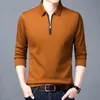 Мужские поло Smart Casual Мужская однотонная рубашка поло Весна Осень с длинным рукавом с воротником-молнией Деловая мода Свободные поло Топы Одежда 230923