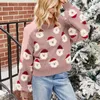 Women's Sweaters Autumn And Winter Christmas Cute Cartoon Santa Pattern V Neck Pullover Sweater Fashion Lantern Sleeve Short Knit