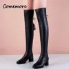 Frauen 991 Leder Comemore Elastic Ladies Plüsch langer Stiefel Herbst Winter Dicke Heels über den Kniestiefeln auf Knight Botas 230923 rutschen