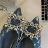 French small heel shoes low heel rhinestone buckle pointy head kitten heel broken holes denim single shoes female hundred with ladybugs 100823