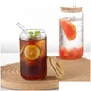 Bicchieri da vino 12 Oz 16 Oz Boccali da birra in vetro Trasparente con coperchio in plastica St Bamboo Lattina a forma di tazza Tè freddo Caffè Cocktail Drop Delivery Home Ga Dh3Xg