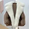 Женская зимняя короткая свободная куртка из искусственного меха с большим воротником, темно-белая куртка на утином пуху, пальто 230922