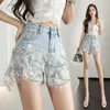 Shorts femininos verão elegante feminino casual sólido jeans senhora borla miçangas cintura alta perna larga denim