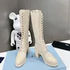 New Triangle Brushed leather nylon knee boots chunky block heels Almond toe lace-up zip booties Women's luxury designers fashion shoes factory fo u3fF#