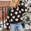 Pulls pour femmes automne et hiver Noël mignon dessin animé Santa motif col en V pull pull mode lanterne manches courtes tricot