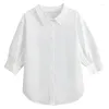 Blouses Femmes Chemise boutonnée bleue Femmes Bureau d'été Top Mode coréenne Lanterne Manches Col rabattu Femme Blanc Coton Blouse ample