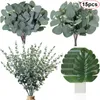 Décorations de Noël 15pcs feuilles d'eucalyptus artificielles tiges de verdure avec givre pour vase maison fête décoration de mariage extérieur bricolage fleur décoration murale 230923