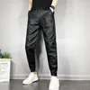 Men's Pants Mens Motor Biker Strethcy Pu Leather Elastic Waist Joggers Casual Long Trousers Winter Warm Fleece Lining Pencil 38