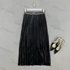 Classic Womens Pleated Black Skirt Waist Letter Ribbon Design High Waist Casual Fashion Dress