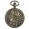 Montres de poche en Bronze avec fleur de Rose creuse, avec collier, cadeau pour femmes et hommes, pendentif de Style Antique, horloge à Quartz demi-montre