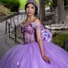 Fioletowe błyszcząca księżniczka ukochana suknia balowa quinceanera sukienki z aplikacji na ramię koronkowe kwiat kokardki vestido de 15 anos sweet 16