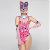 Scenkläder sexiga rhinestones rosa bodysuit huvudbonad pol dance costume drag show kläder nattklubb gogo dansare kläder rave outfit