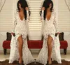 2023 White Spets Deep V Neck Prom Dresses Long Sleeve Front Split aftonklänningar Se genom sjöjungfru Formella festklänningar