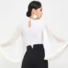 Stage Wear Long Sleeve Mesh Patchwork Ballroom Dance Bodysuit White Black Latin Shirt Waltz Tango Dancewear B10031