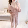 Women's Sleepwear Velour Twinset Robe Suit Women V-Neck Lace Nightgown 2PCS Sleep Set Kimono Bathrobe Gown Loungewear