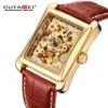 OUYAWEI Mechanical Watch Men brand Wristwatch Leather Strap Self Wind Gold Skeleton Watch For Case Rectangle Sport Montre Homme216r