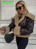 سترات نسائية T Moda 2023 Winter Women Scay Vintage Faux Leather Jacket Ladies Shipper Dark Lambswool Biker Coat Female Out Outwear T230923