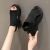 Sandales à talons compensés pour femmes, couvre-pied en tissu élastique, semelles épaisses, à la mode, chaussures pour femmes, 2023