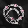 9mm Miami Cuban Chain With Pink Heart Gems Iced Out Cubic Zirconia Link Chain Necklace Charm Hiphop Jewelry