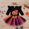 Kleidungssets Baby Mädchen Halloween Kleidung Set Langarm Brief Gedruckt Strampler Mehrfarbig Garn Rock Kopfschmuck Halloween Kostüm 230922