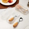 Wood Handle Baby Tableware Set Children Utensil Stainless Steel Toddler Dinnerware Cutlery Infant Food Feeding Spoon Fork